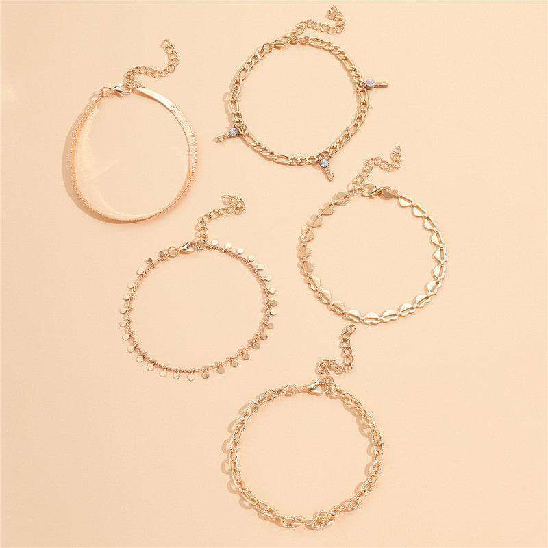Gold Heart Crystal Key Anklet Set - Pack of 5