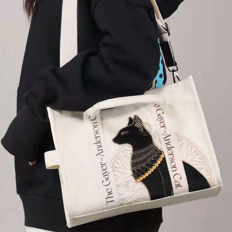 Cat Embroidered Leather Canvas Crossbody Bag