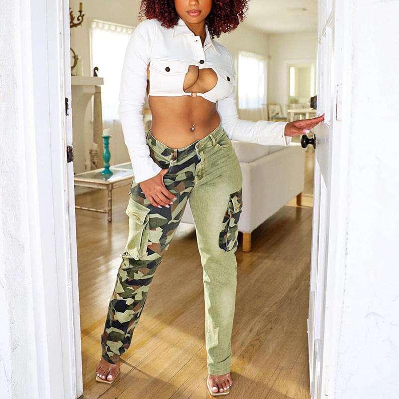 Colorblock Slim Fit Camo Jeans for Women