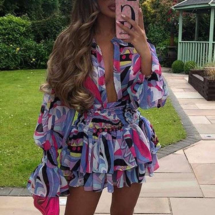 Elegant V-neck Printed Short Dress