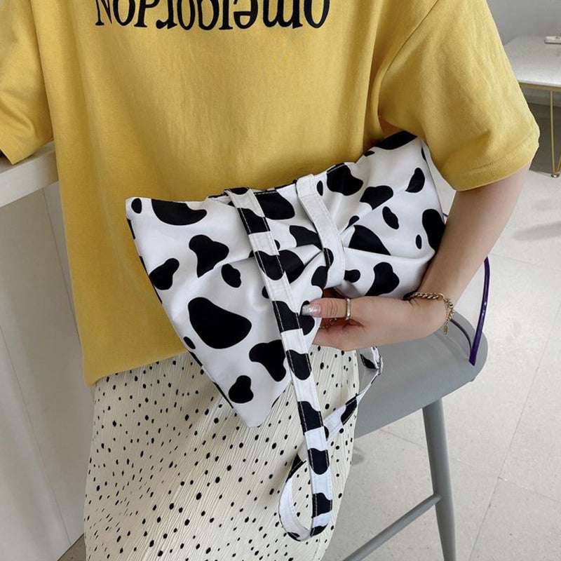 Fashion Large Bow Shoulder Bag With Cute Cow Print For Girls