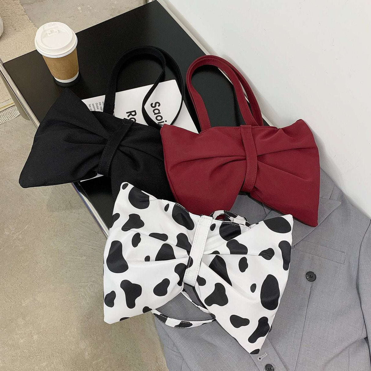 Fashion Large Bow Shoulder Bag With Cute Cow Print For Girls