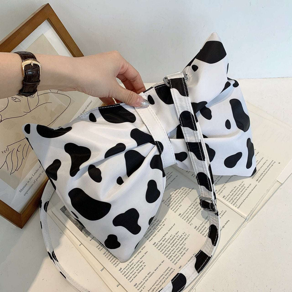 Fashion Large Bow Shoulder Bag With Cute Cow Print For Girls