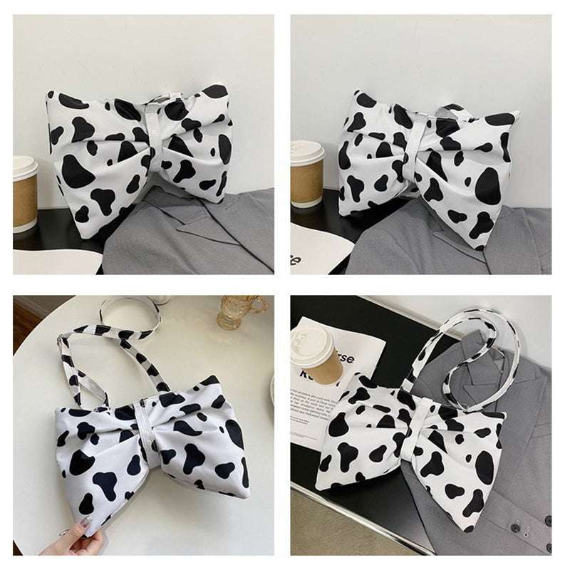 Fashion Large Bow Shoulder Bag With Cute Cow Print For Girls