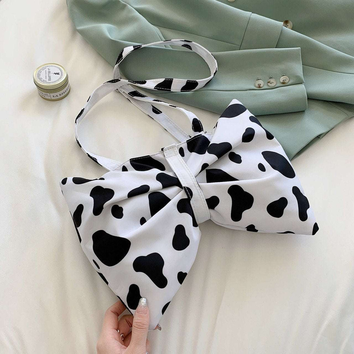 Fashion Large Bow Shoulder Bag With Cute Cow Print For Girls