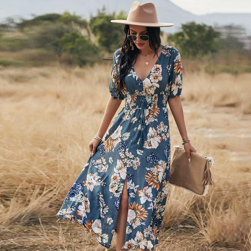 Floral V Neck Elastic Waist Dress