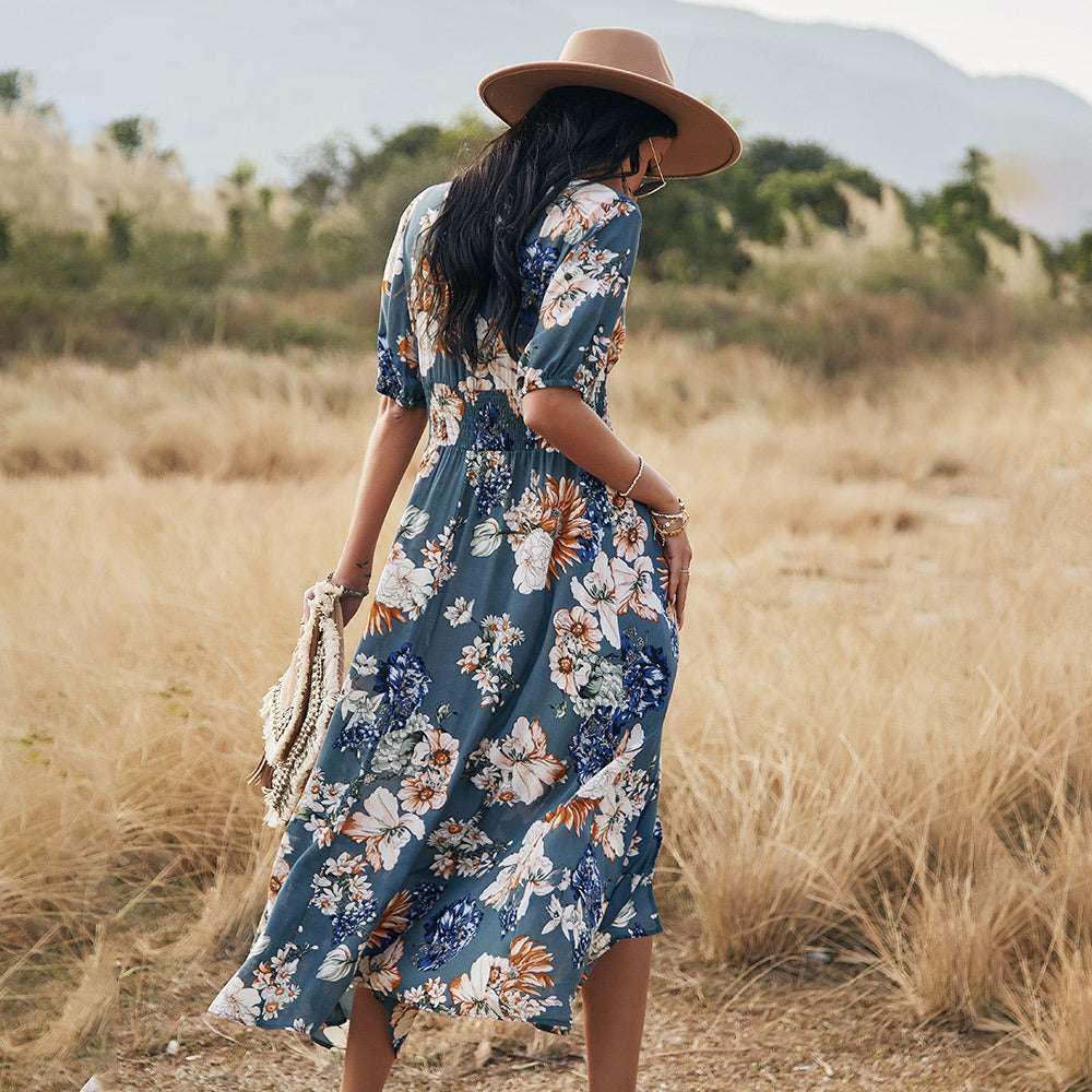 Floral V Neck Elastic Waist Dress