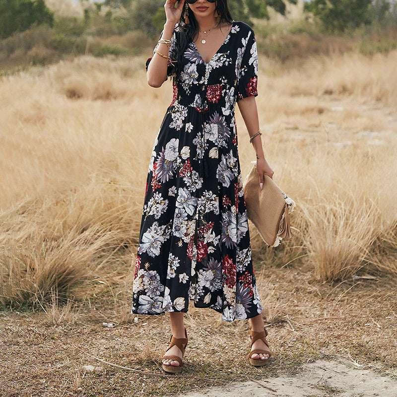 Floral V Neck Elastic Waist Dress