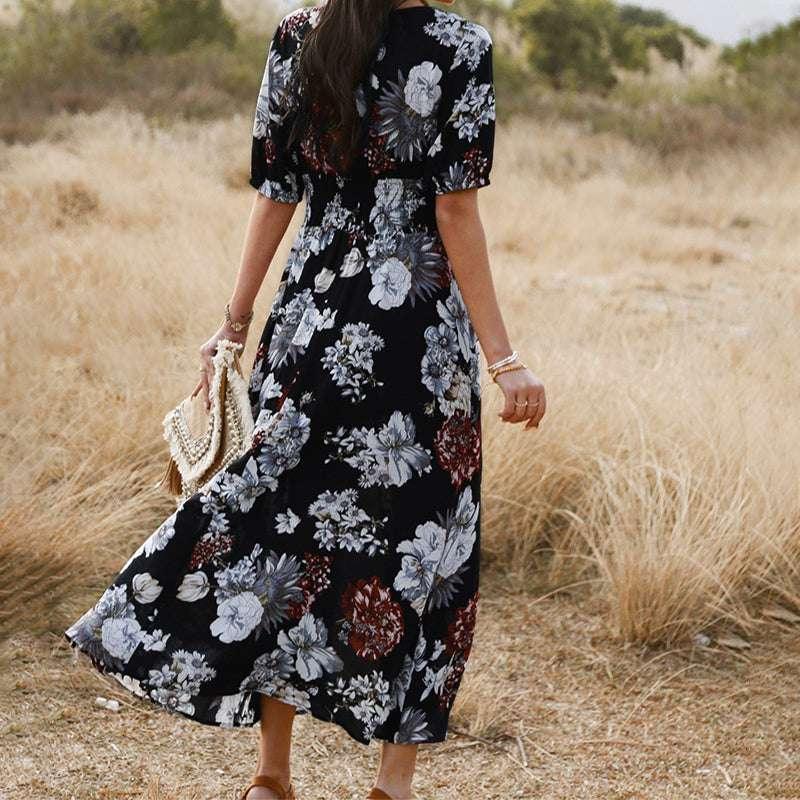 Floral V Neck Elastic Waist Dress
