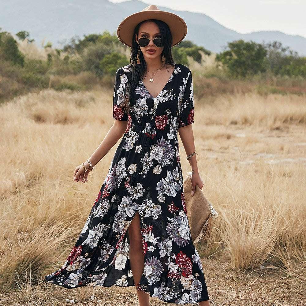 Floral V Neck Elastic Waist Dress