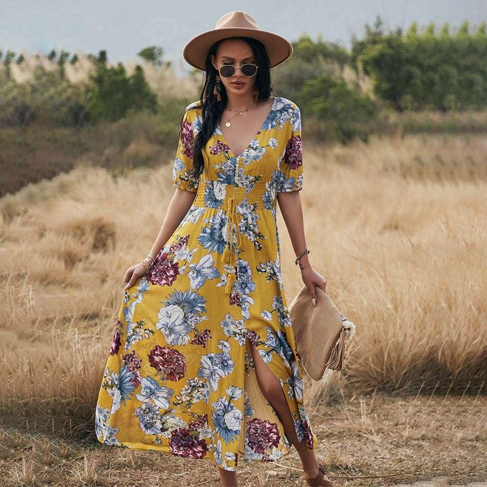Floral V Neck Elastic Waist Dress