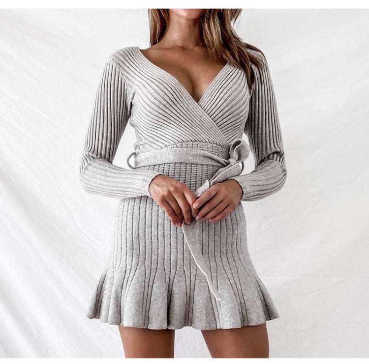 V Neck Knitted Dress Long Sleeve