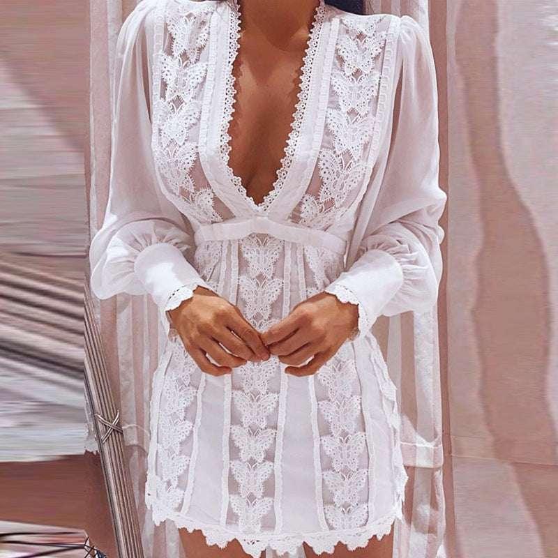 White Elegant V Neck Lace Dress with Long Puff Sleeve