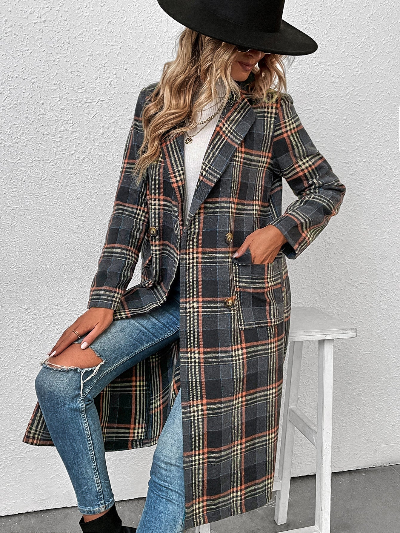 Women's Chic Double Breasted Plaid Wool Coat