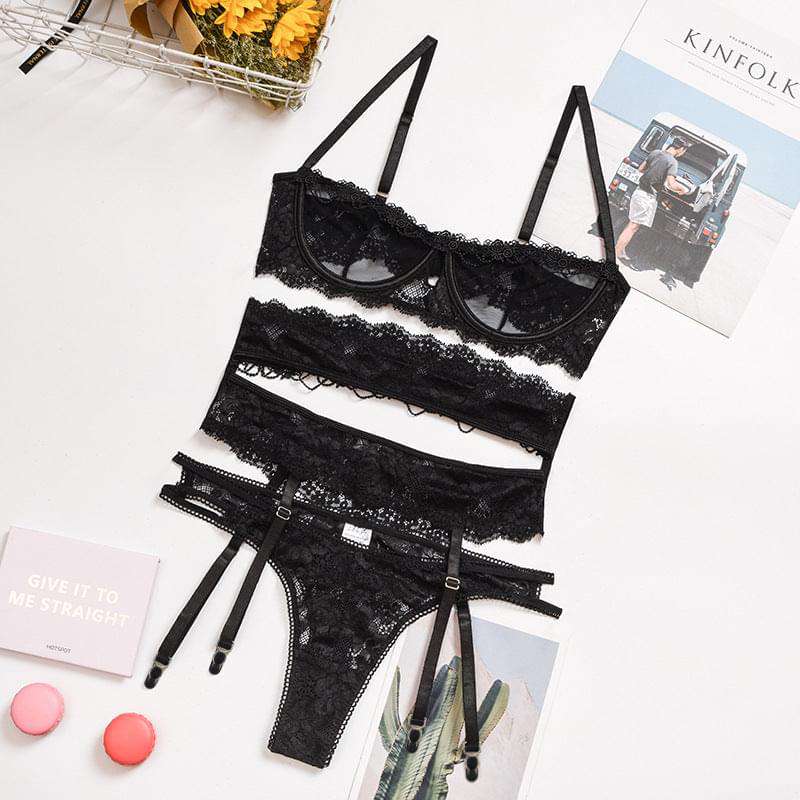 Sultry Lace 3-Piece Lingerie Set with Transparent Bra