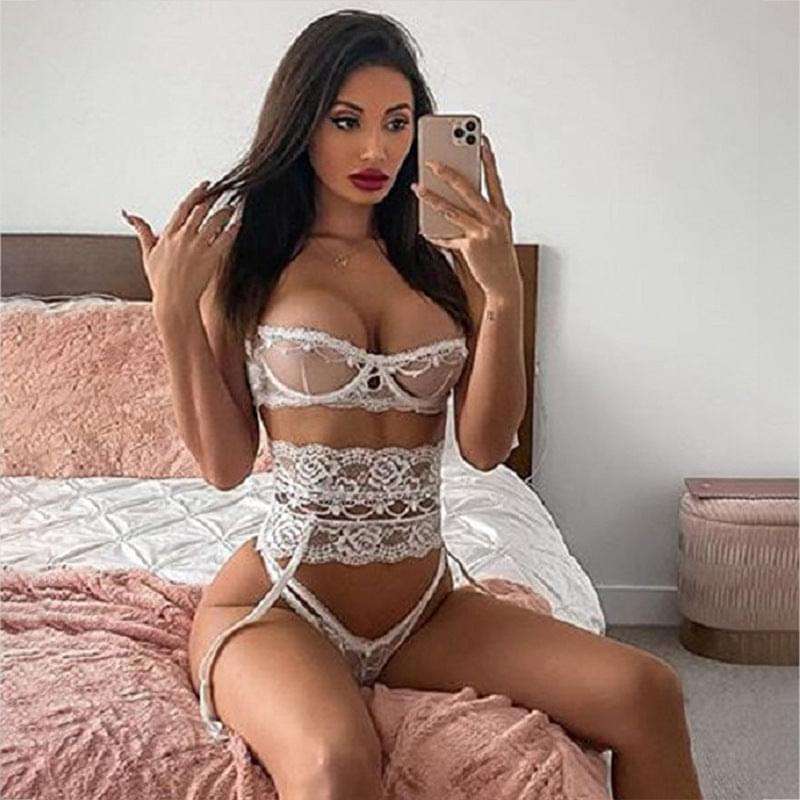 Sultry Lace 3-Piece Lingerie Set with Transparent Bra