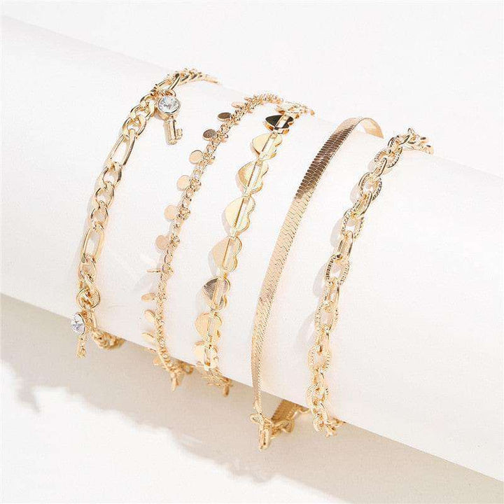5 Pcs Gold Color Heart Crystal Key Anklets