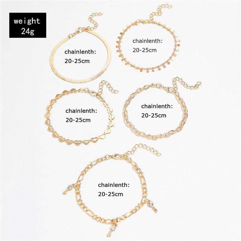 Gold Heart Crystal Key Anklet Set - Pack of 5