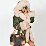 Women's Long Hooded Coat with Faux Fur Collar and Dovetail Hem