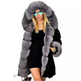 Women's Long Hooded Coat with Faux Fur Collar and Dovetail Hem