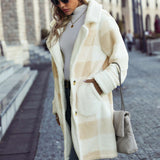 Beige Plaid Striped Polyester Coat