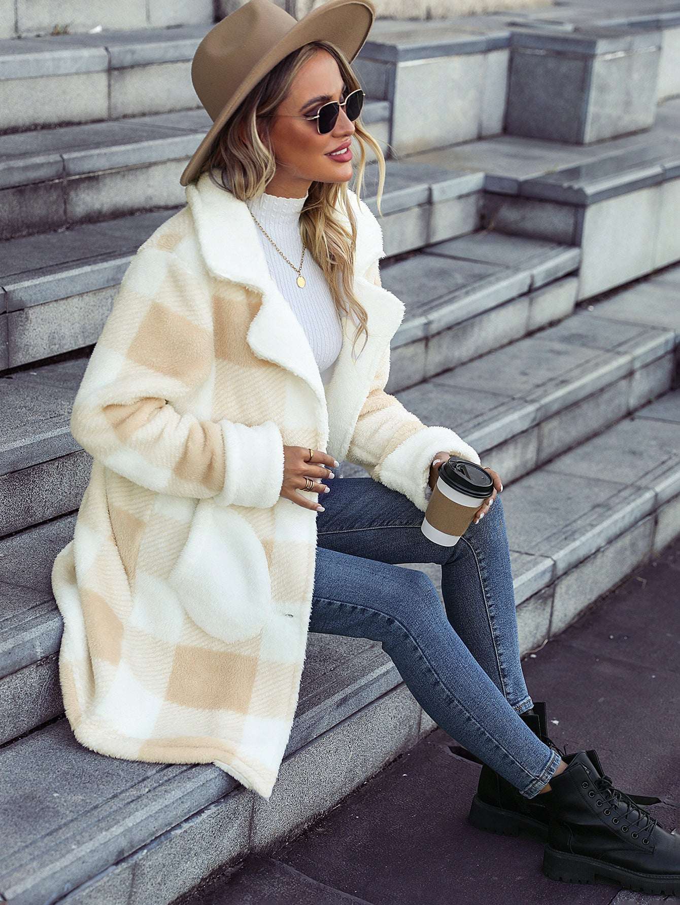 Beige Plaid Striped Polyester Coat