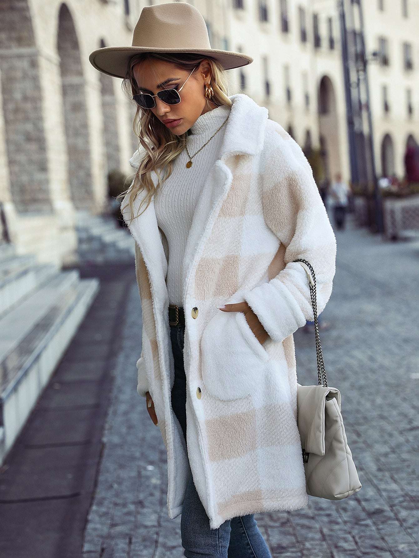 Beige Plaid Striped Polyester Coat