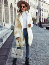 Beige Plaid Striped Polyester Coat