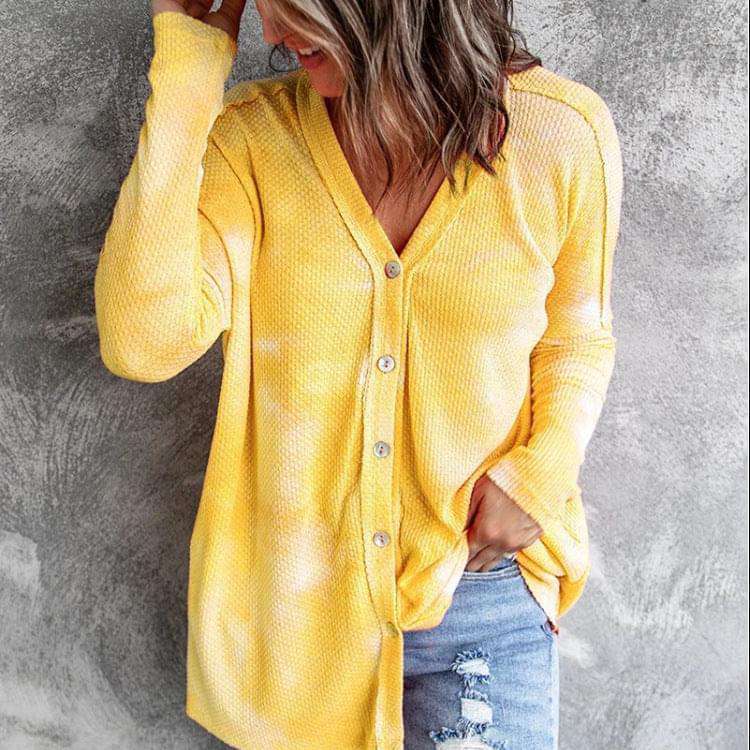 Buttoned V-neck Loose Fit Tie-Dye Sweater