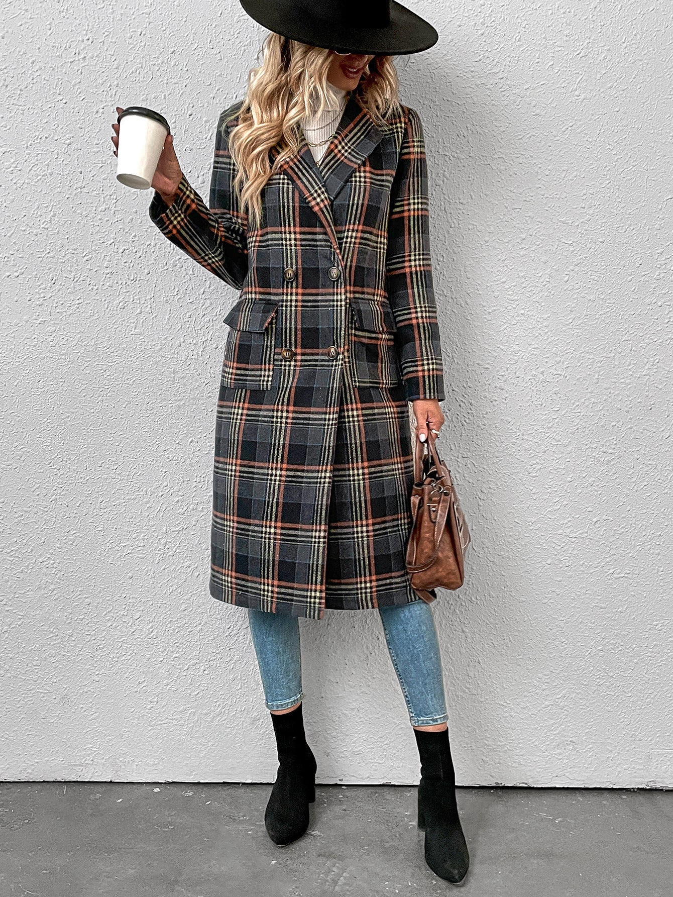 Women's Chic Double Breasted Plaid Wool Coat