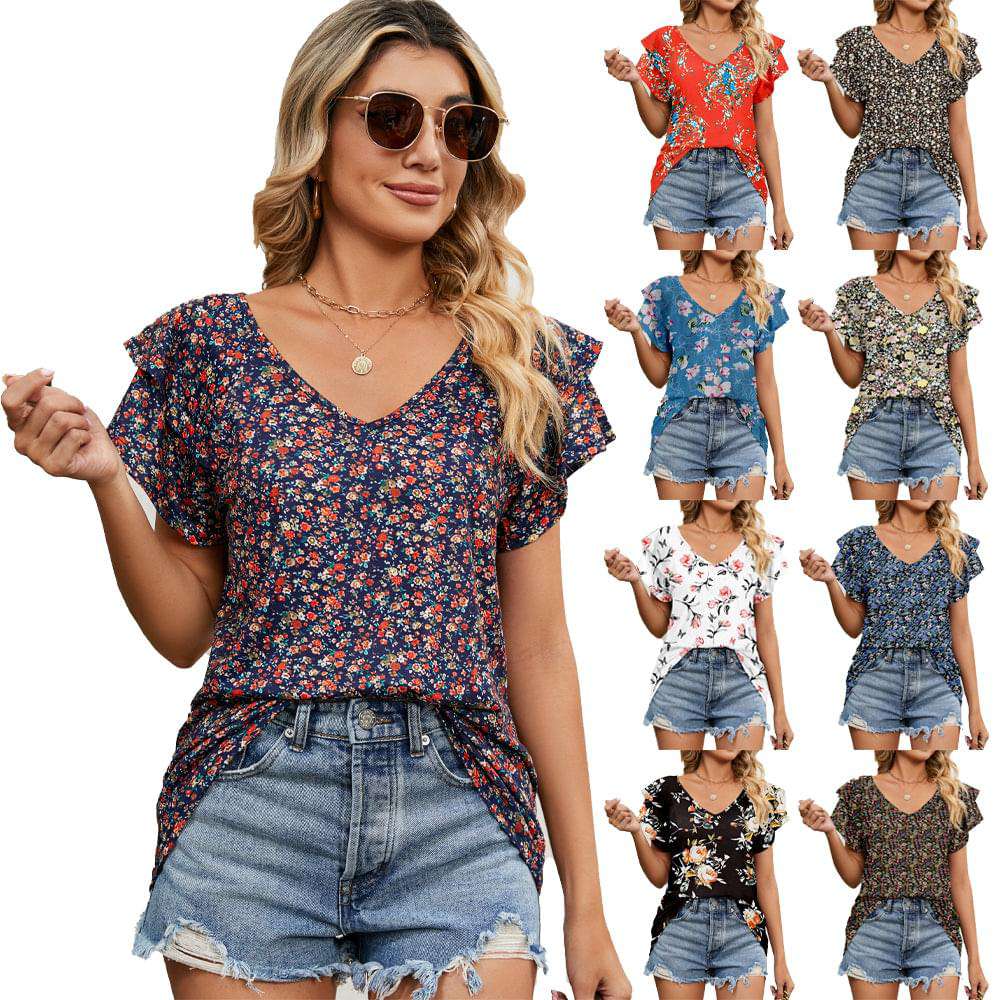 Elevated Casual V Neck Short Sleeve Patterned Top