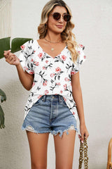 Elevated Casual V Neck Short Sleeve Patterned Top