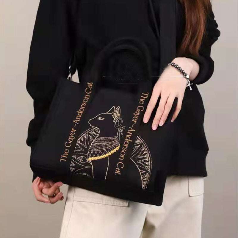 Cat Embroidered Leather Canvas Crossbody Bag