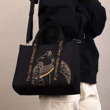 Cat Embroidered Leather Canvas Crossbody Bag