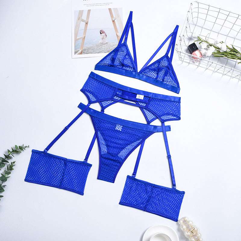 Comfortable And Soft Lace Perspective Three Piece Lingerie Set