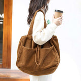 Corduroy Drawstring Shoulder Bag with Multi-Pocket Design