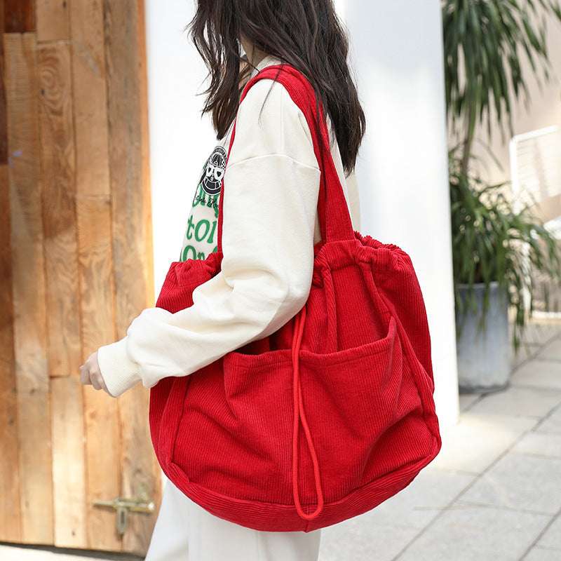 Corduroy Drawstring Shoulder Bag with Multi-Pocket Design