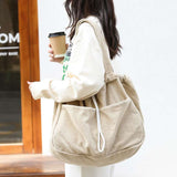 Corduroy Drawstring Shoulder Bag with Multi-Pocket Design