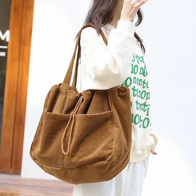 Corduroy Drawstring Shoulder Bag with Multi-Pocket Design