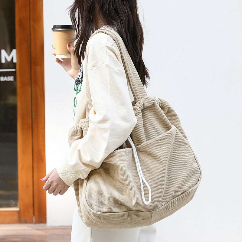 Corduroy Drawstring Shoulder Bag with Multi-Pocket Design