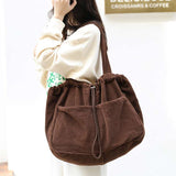 Corduroy Drawstring Shoulder Bag with Multi-Pocket Design