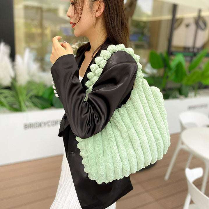 Cozy Striped Plush Shoulder Bag with Large Capacity