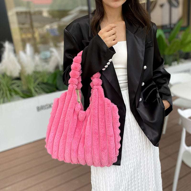 Cozy Striped Plush Shoulder Bag with Large Capacity