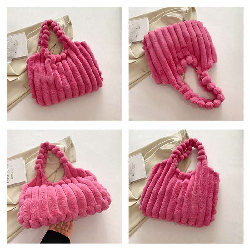 Cozy Striped Plush Shoulder Bag with Large Capacity