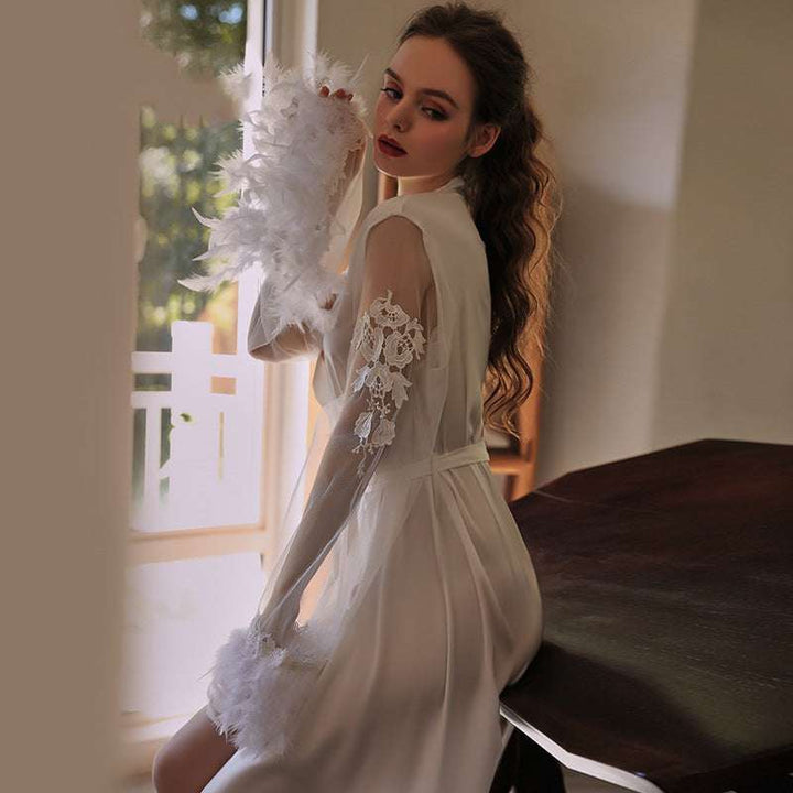 Embroidered Lace-up Long Nightgown