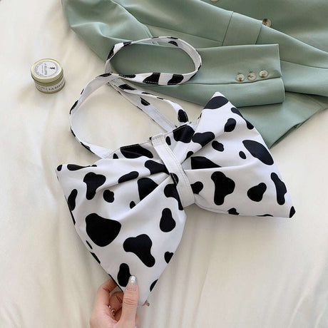 Fashion Large Bow Shoulder Bag With Cute Cow Print For Girls