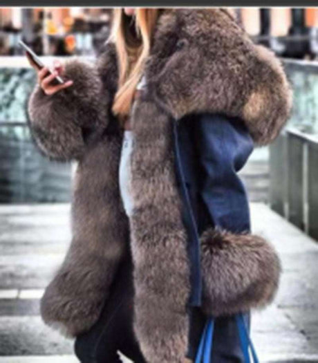 Faux Crystal Fox Fur Collar Hooded Jacket With Long Sleeves