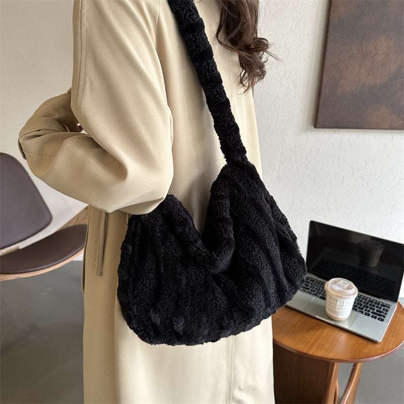 Furry Striped Plush Shoulder Bag for Women - Stylish Winter Fashion Accessory