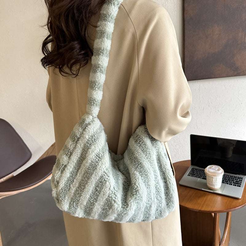 Furry Striped Plush Shoulder Bag for Women - Stylish Winter Fashion Accessory