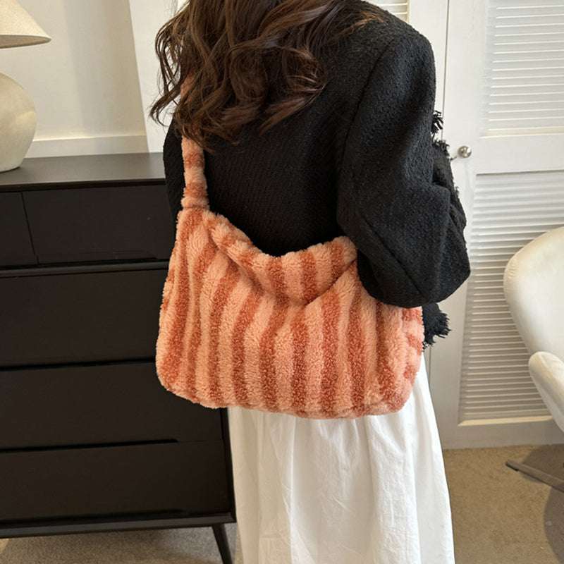 Furry Striped Plush Shoulder Bag for Women - Stylish Winter Fashion Accessory